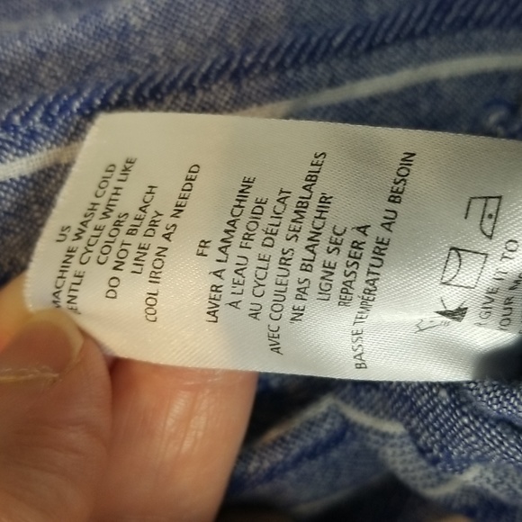 COOPER & EMMA Blue White Striped Linen Rayon Roll Tab Shirt Blouse with Pocket - Picture 10 of 12